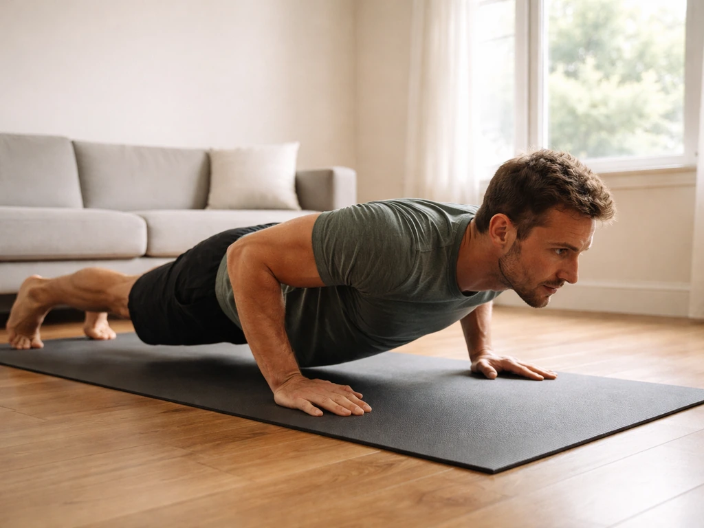 Person doing a push-up on a yoga mat in a bright living room, with no weights or gym equipment visible.