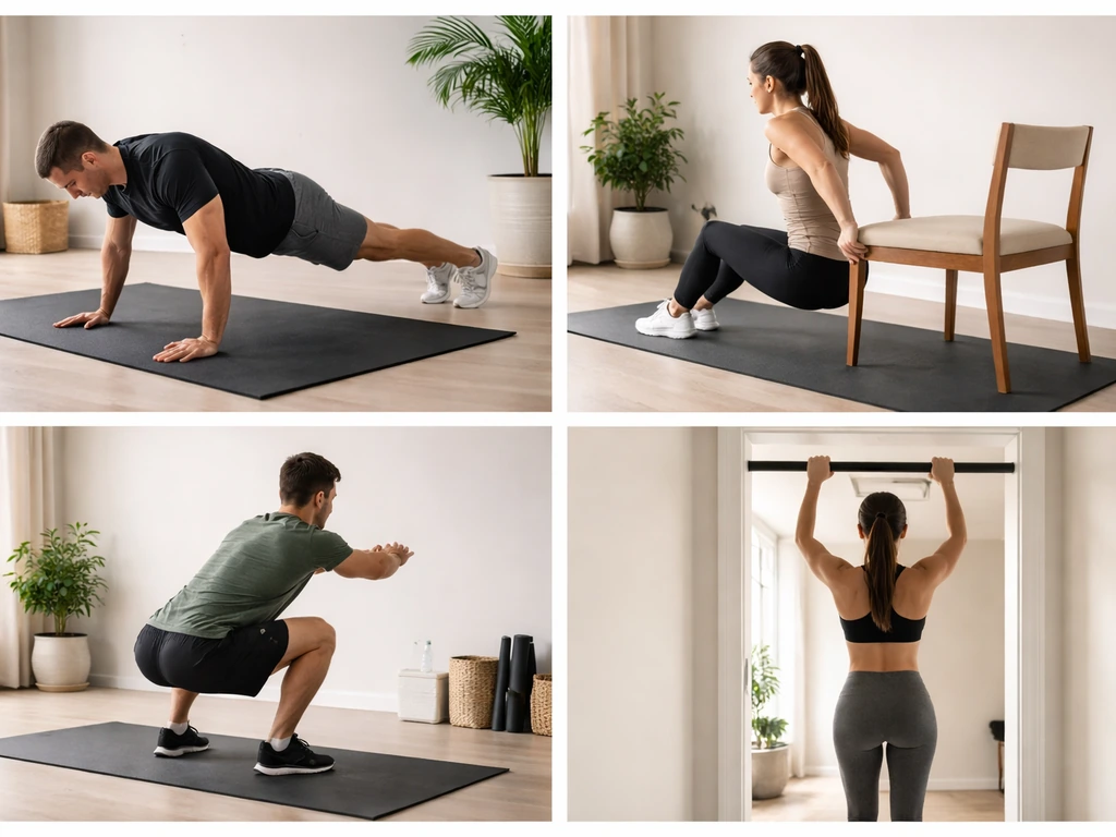 Four side-by-side bodyweight exercise positions: push-up, chair dip, squat, and doorway pull-up.