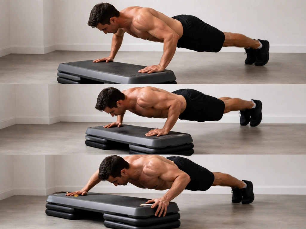 Three-step push-up progression showing increasing difficulty from standard to archer-style, no text.