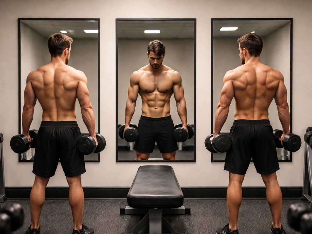 Anonymous lifter in a gym comparing week-to-week physique changes via mirror reflections.