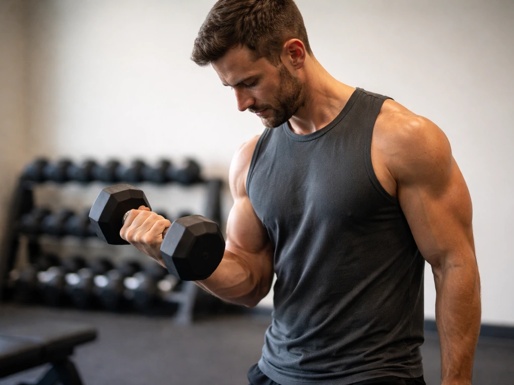 Athletic person doing a simple dumbbell exercise in a gym, symbolizing steady muscle gain