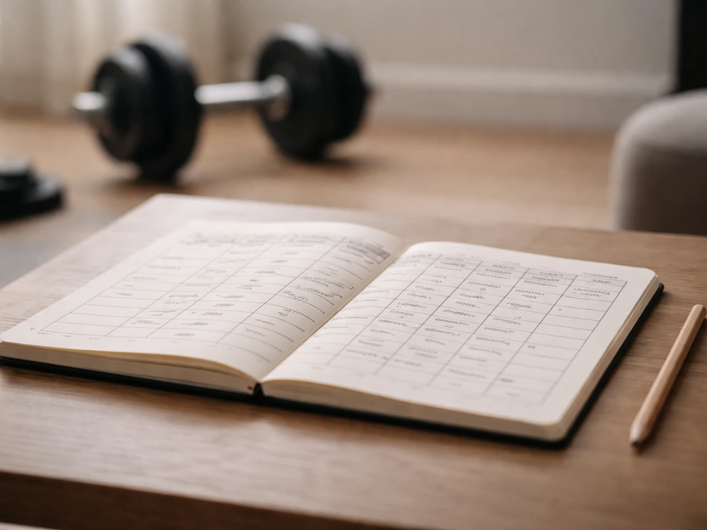 Opened training notebook on a desk with a weekly workout layout for sets, reps, and intensity.