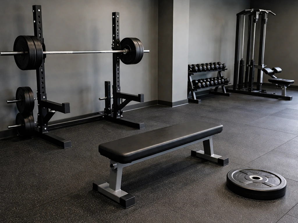 Bench and squat rack setup in a quiet gym, with a dumbbell near a rowing station for compound lifts