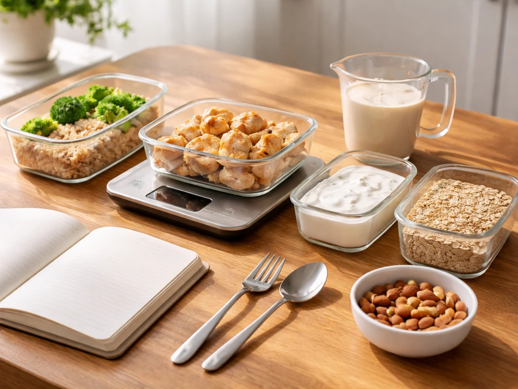 Tabletop meal prep with portioned protein foods, small measuring cups, and a notebook for a calorie surplus plan