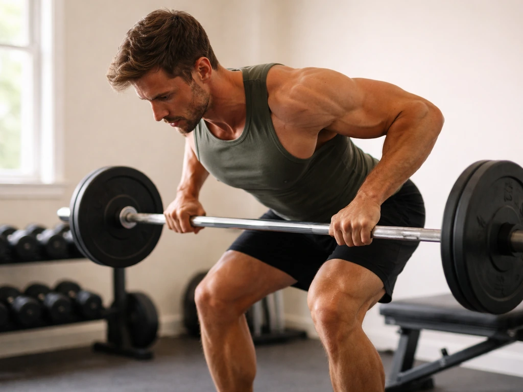 Person performing a controlled barbell row in a minimal home gym with natural light