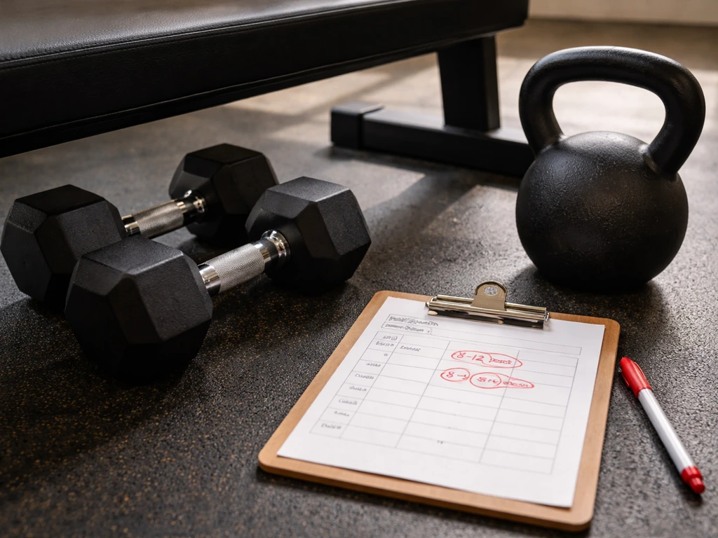 Dumbbells and kettlebell beside a clipboard with a training log page highlighted for reps and sets.