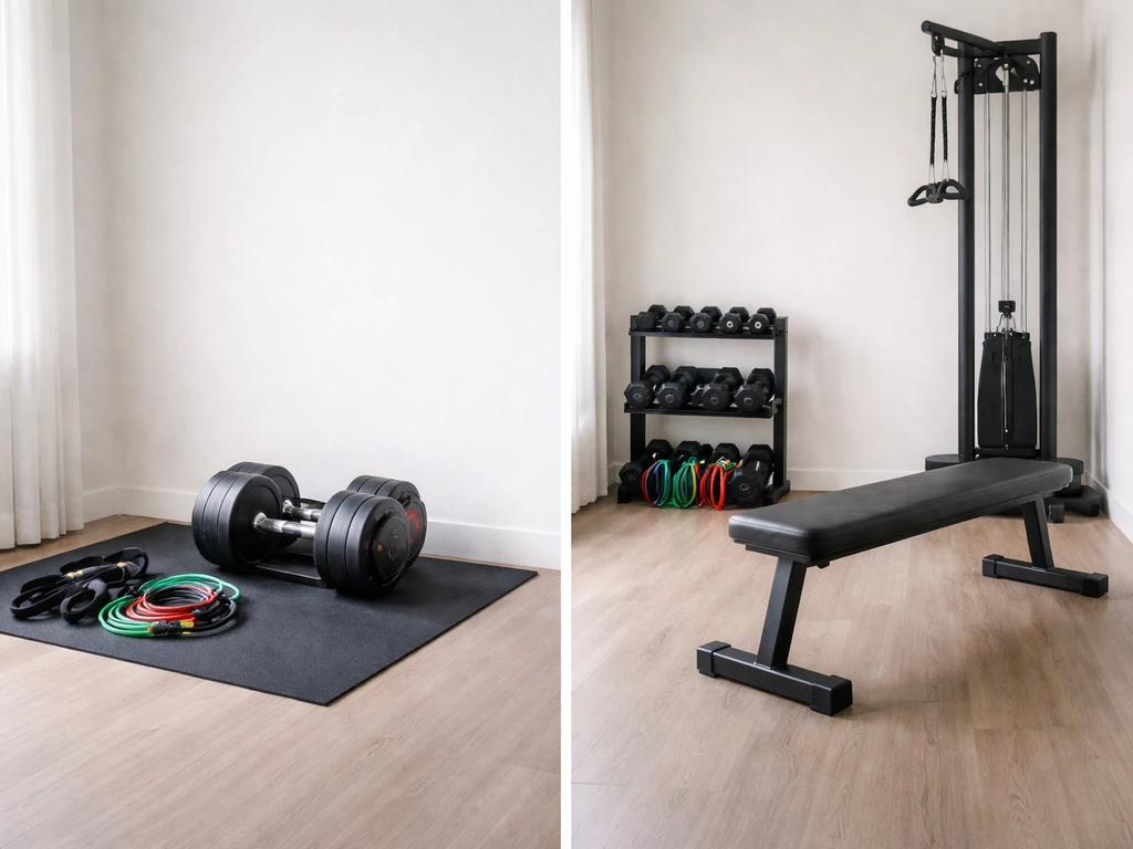 Home training corner with adjustable dumbbells and resistance bands, plus separate nearby bench/cable setup.