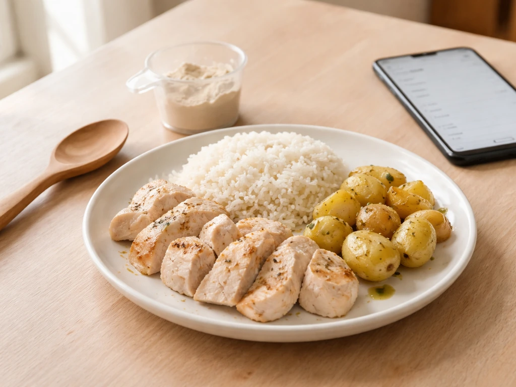 Minimal high-protein meal plate with rice, lean meat, potatoes, olive oil, and a phone nearby.