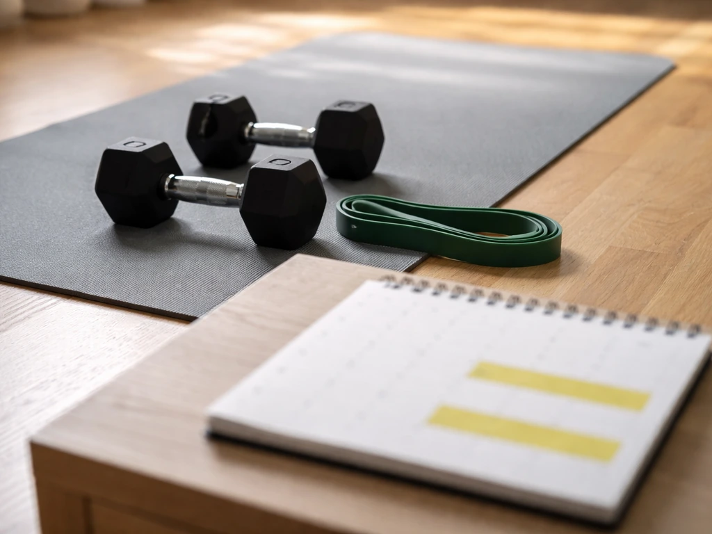 Resistance band and dumbbells next to a blank calendar page suggesting a deload then re-entry.