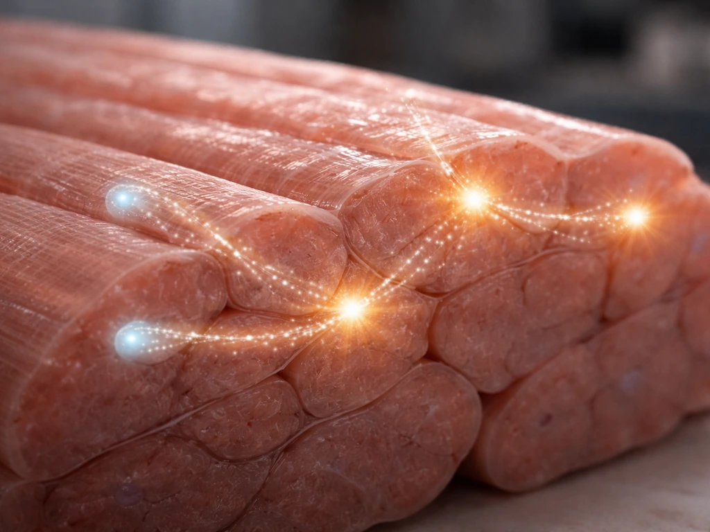 Realistic skeletal muscle tissue cross-section with glowing phosphocreatine helping quick ATP regeneration.