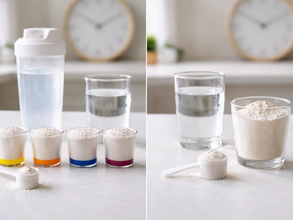 Two side-by-side supplement routines: creatine doses for loading vs no-loading plan on a kitchen counter