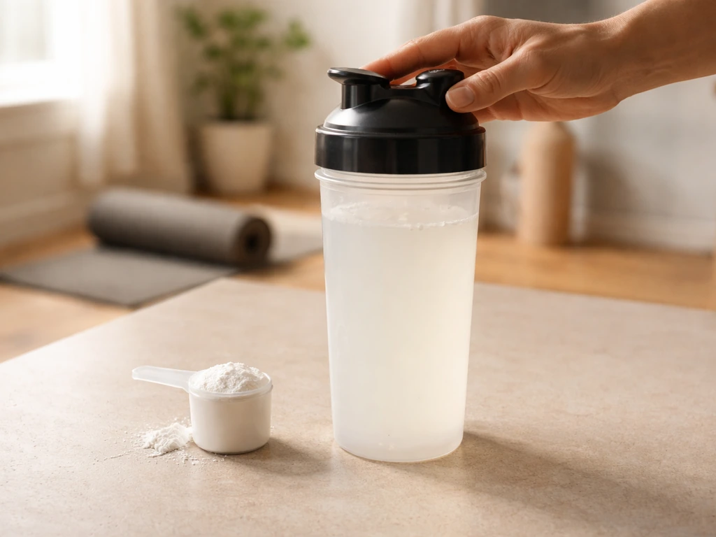 Creatine shaker bottle on a kitchen counter with a scoop beside it, workout mat softly blurred behind.