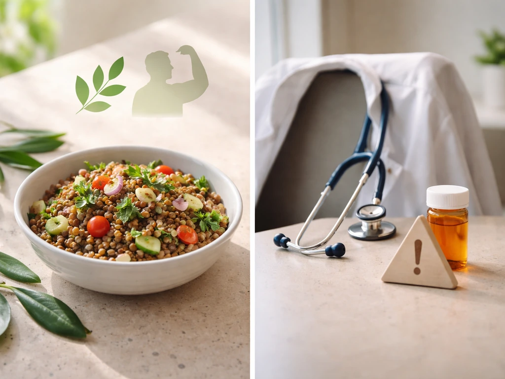 Minimal two-panel photo showing a vegan/vegetarian meal symbol and an older-adult care symbol versus clinician caution i