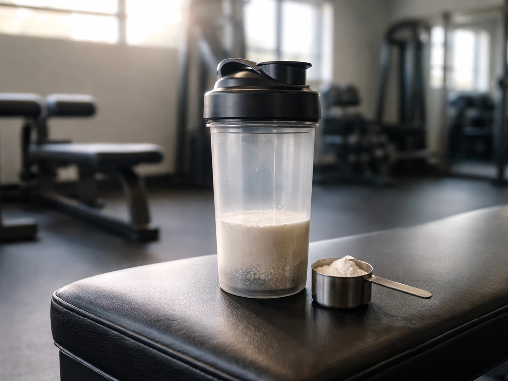Shaker bottle and measuring scoop on a gym bench, suggesting pre/post workout supplement timing