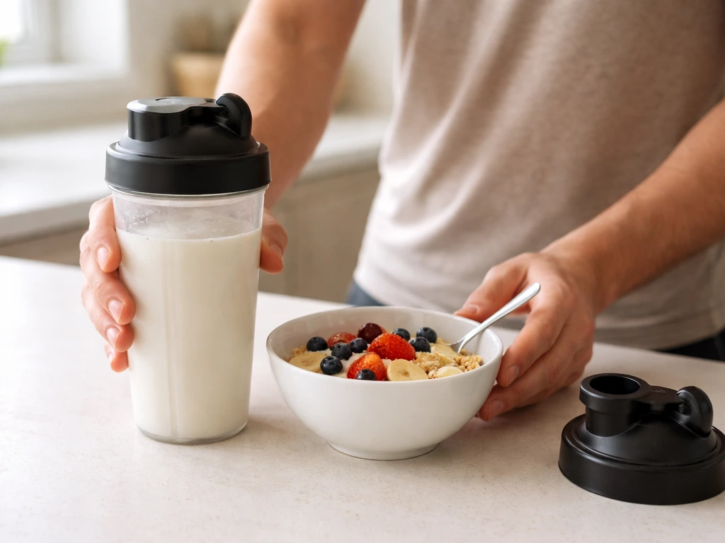 Simple training vs rest meal timing scene with a shaker and a bowl on a kitchen counter