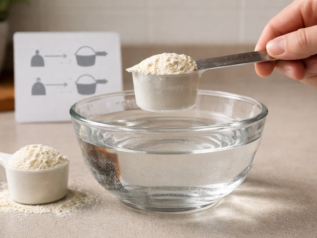 Measuring scoops leveled and mixed in water in a simple kitchen, with a generic serving guide card in view.