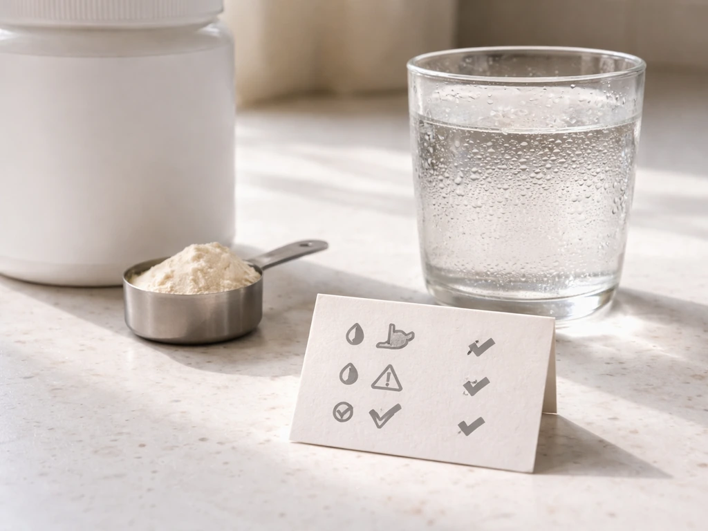 Close-up of unbranded supplement powder and a glass of water with simple checklist icons for safety.