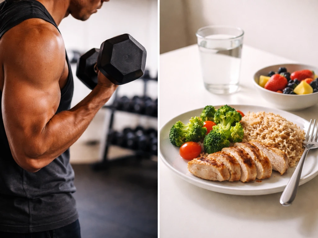 Gym strength training on one side and a portioned muscle-gain meal on the other.