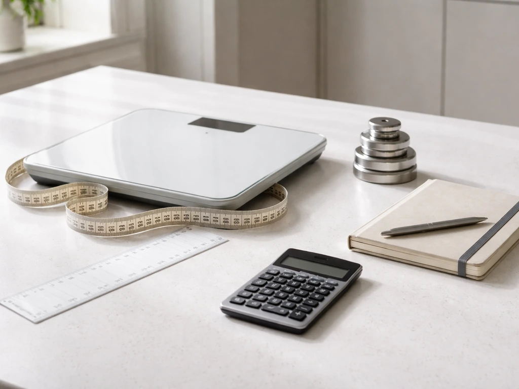 Tabletop photo of a calculator, measuring tape, scale, and height ruler suggesting calorie estimation.
