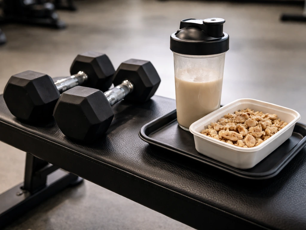 Dumbbells on a bench beside a whey protein shake and simple high-protein meal components in a clean gym setting