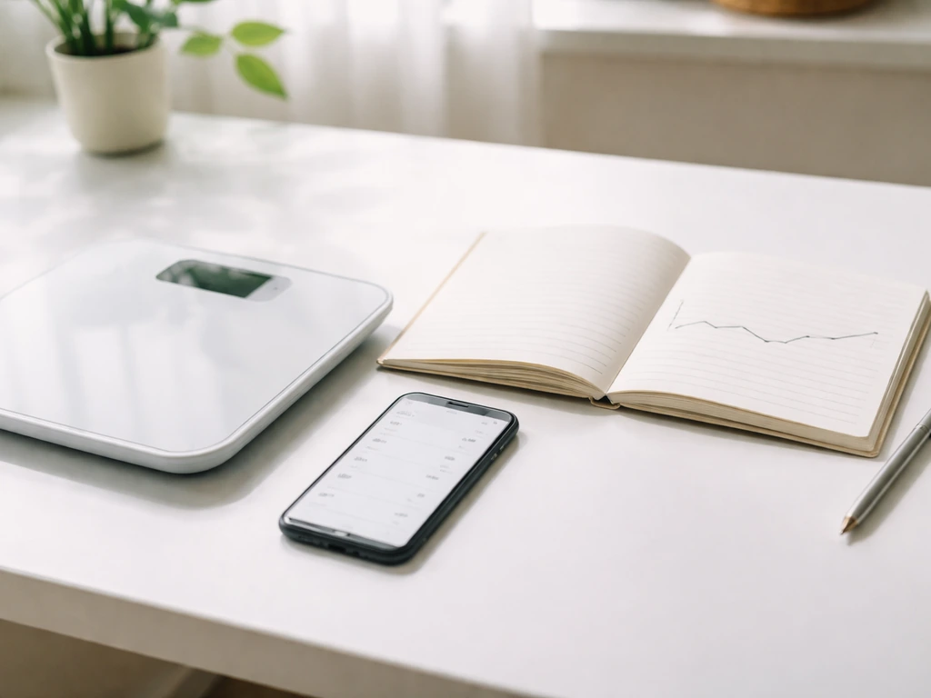 Morning bodyweight notes on a phone and notebook beside a digital scale, minimal and realistic