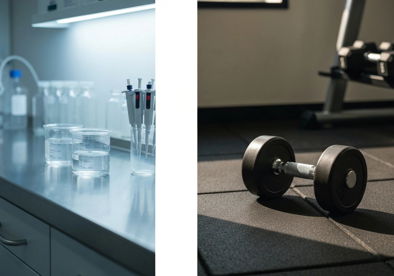Split image: lab culture vessels on the left and a dumbbell on a mat for muscle growth on the right.