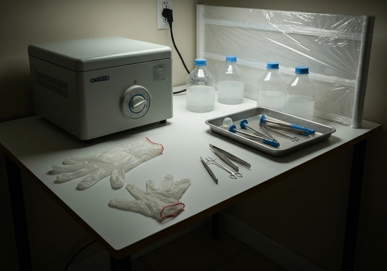 Improvised home cell-culture setup with bottles, tools, and a small incubator—clearly unsafe and non-commercial.