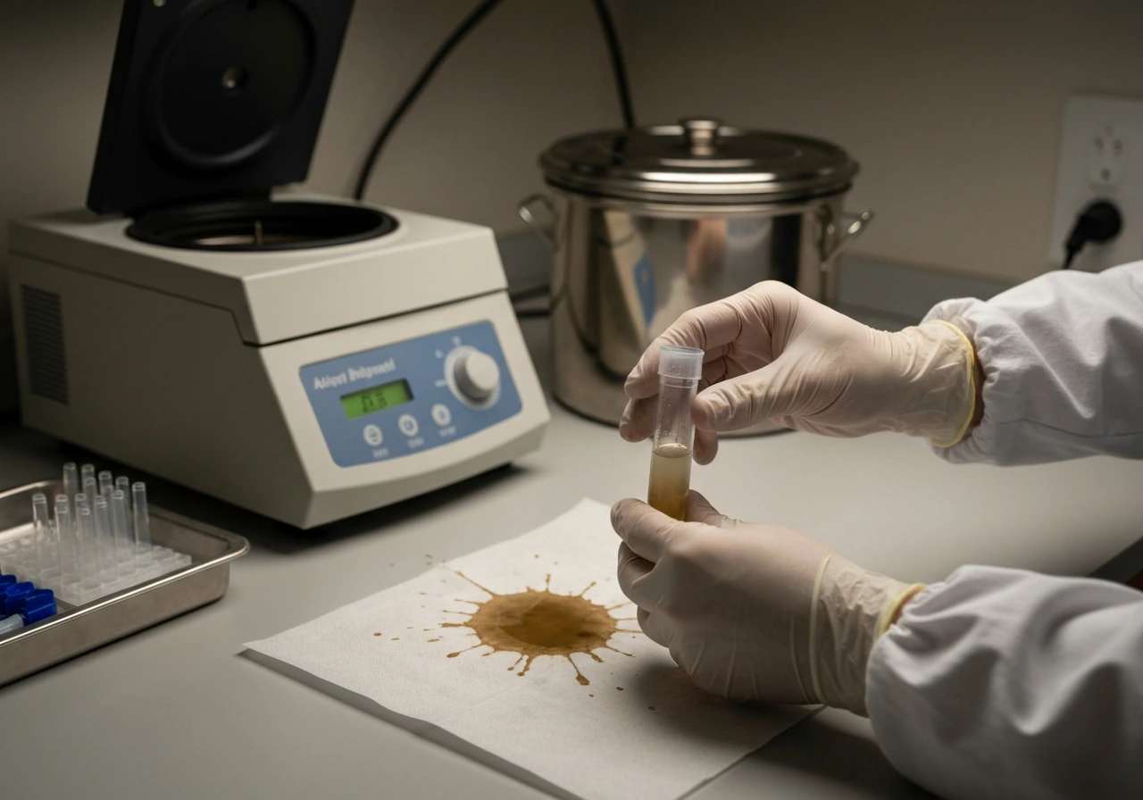 Gloved hands holding a cloudy, contaminated culture tube beside sterile lab equipment in a minimal home-lab scene.