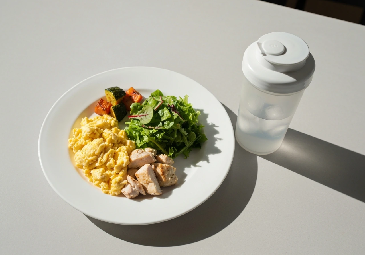 High-protein meal plate with greens, eggs, lean meat, and a supplement shaker with water on a clean table