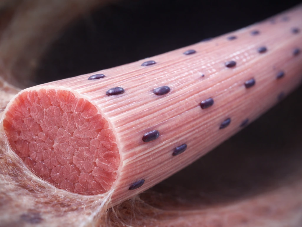 Photoreal cross-section of a skeletal muscle fiber with many nuclei along the length, showing multinucleation.
