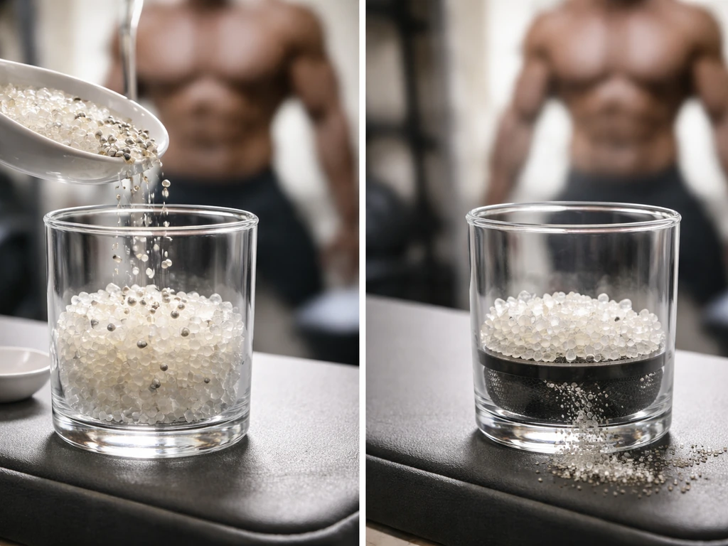 Minimal split scene of protein-like crystals building up on one side and breaking down on the other.
