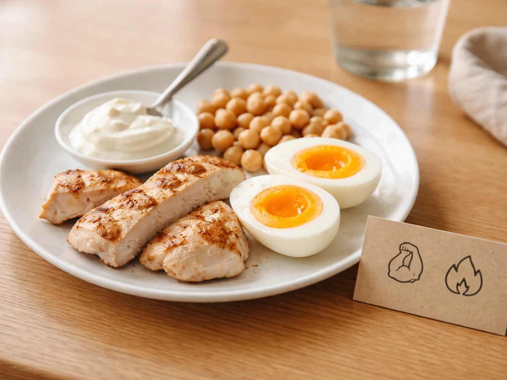Close-up of a simple plate with high-protein foods and a small protein-calorie label card