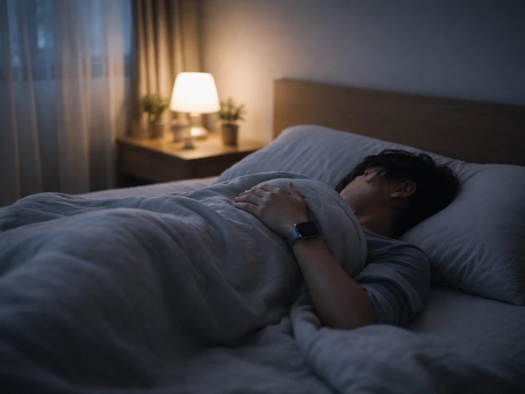 A person sleeping in a quiet bedroom with hands folded on the blanket and a smartwatch visible.