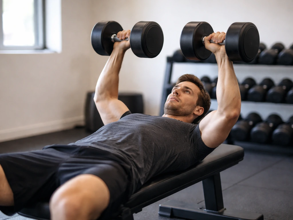 Person doing a dumbbell bench press on a flat bench in a clean gym, focused on lifting form
