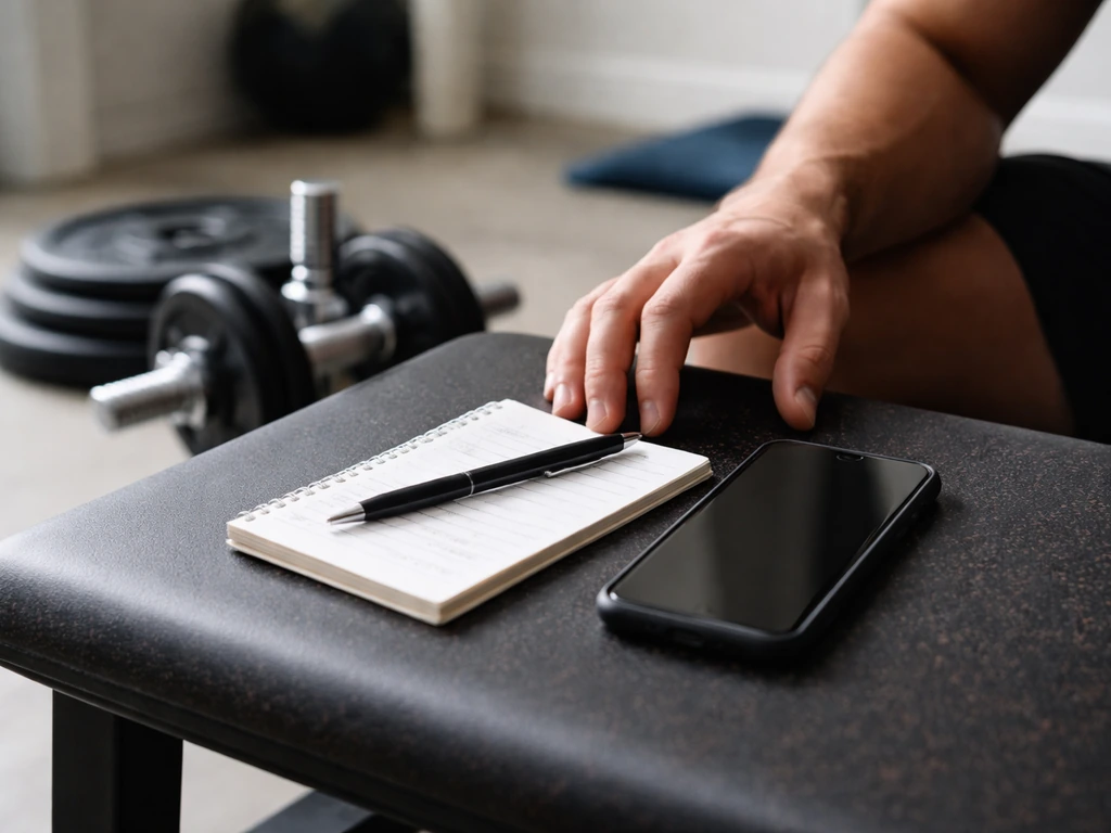 Hands logging a workout in a minimal home gym beside a phone and dumbbells.