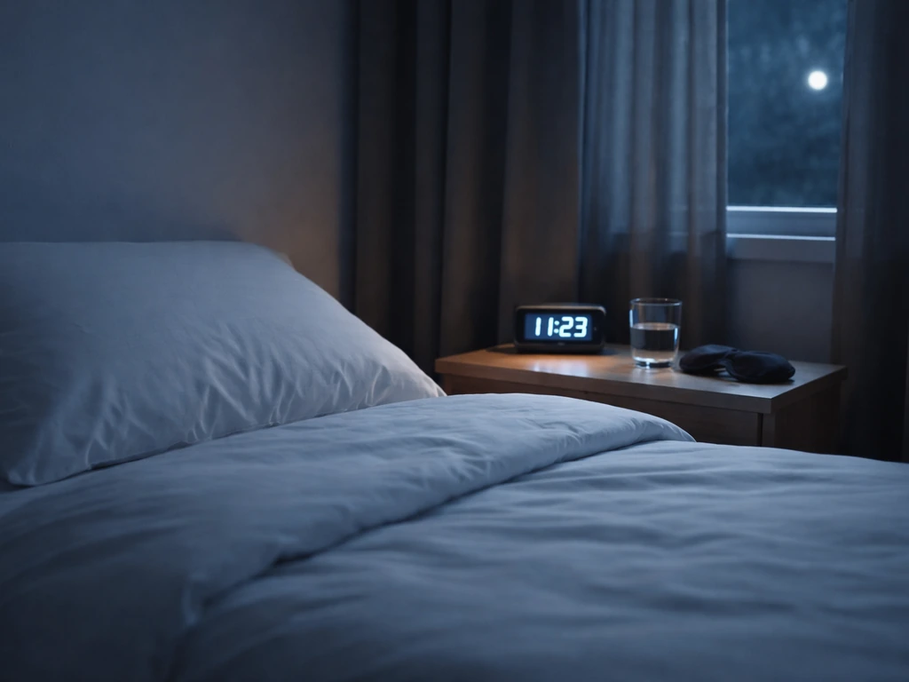 Minimal nighttime bedroom with bed, bedside clock, and sleep mask set for recovery and training readiness.