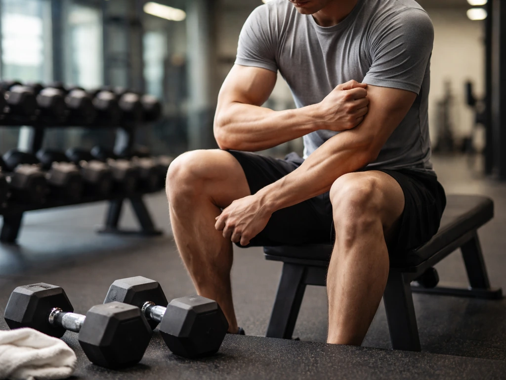 Person seated in a gym flexing arms after a workout with dumbbells on the floor nearby.