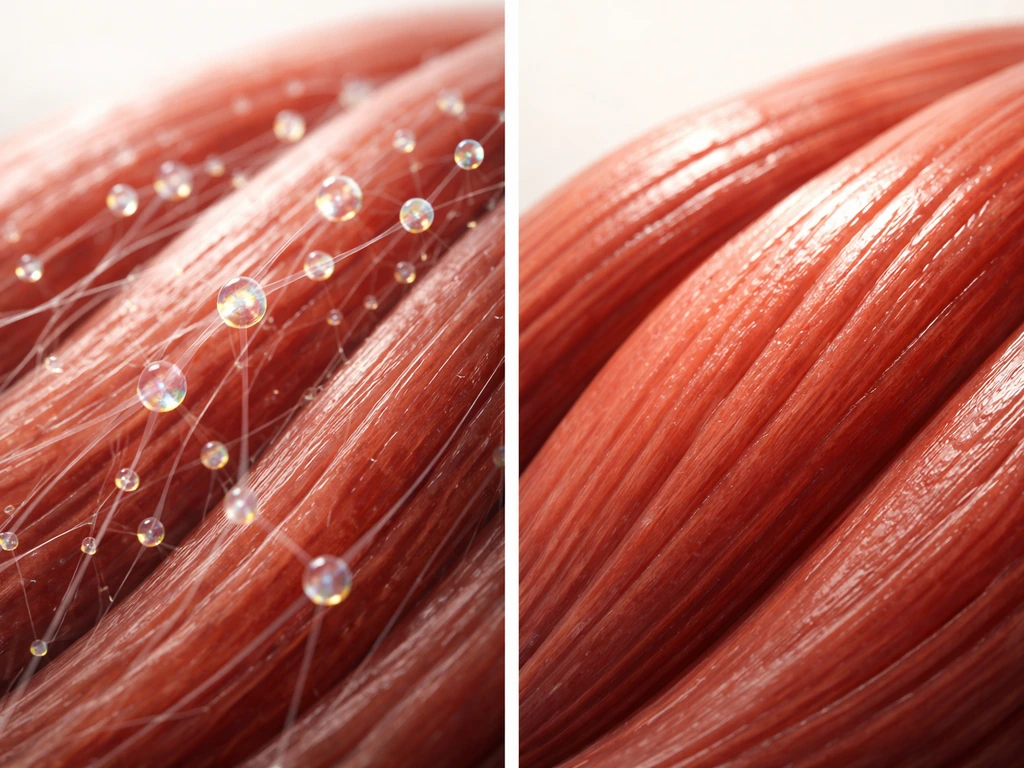 Minimal split image showing molecular assembly concept on one side and fuller muscle shape on the other