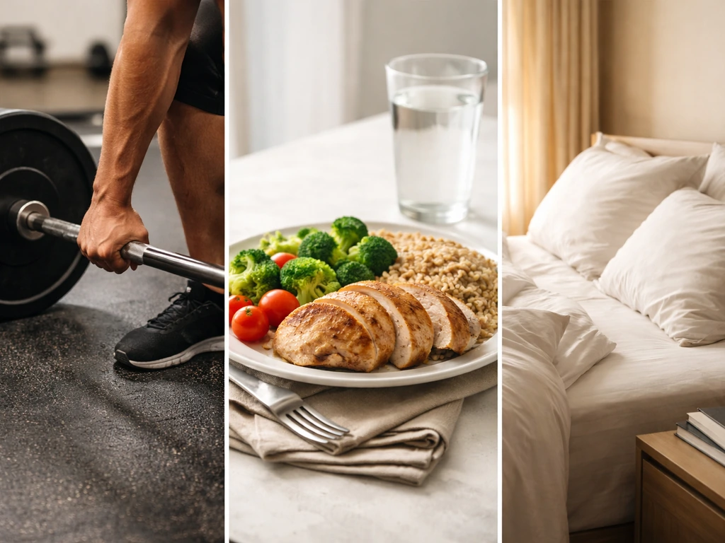 Three-panel scene: heavy barbell grip, protein meal on a plate, and a restful bed in morning light.