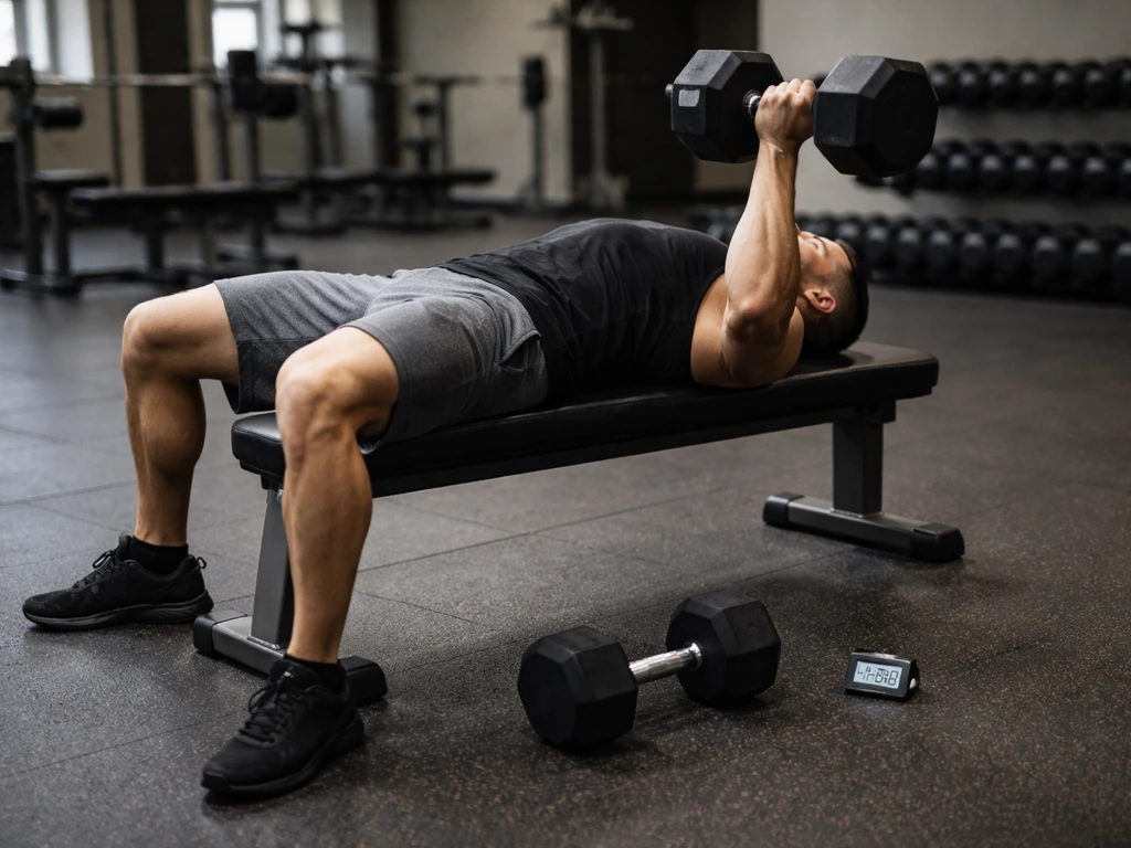 Gym bench workout setup with a timer on the floor and focused lifter doing controlled dumbbell reps.