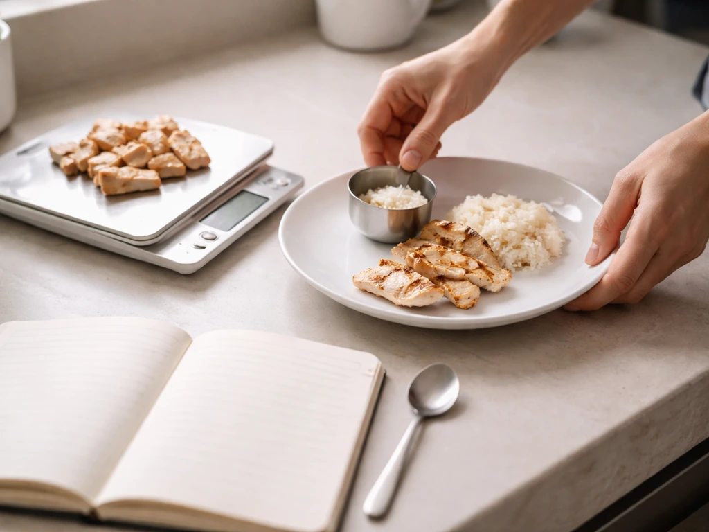 Hands plating measured chicken and rice next to a kitchen scale and blank notebook for protein targets