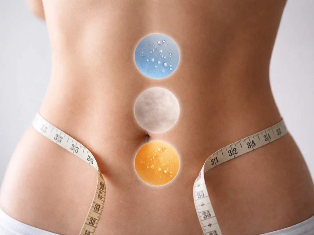 Close-up of a waist with a measuring tape and three subtle colored overlays suggesting water/glycogen vs fat