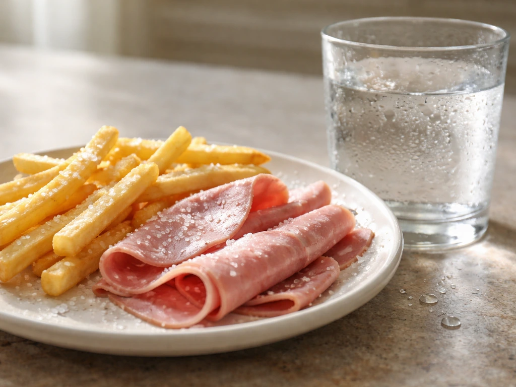 Close-up of salty fries and deli meat with a condensation-covered glass of water on a kitchen counter.