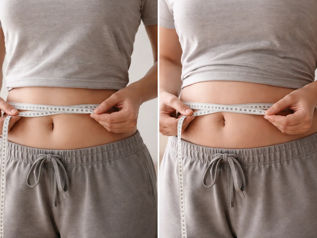Anonymous torso with waist measuring tape showing tighter waist vs fuller waist after a meal.
