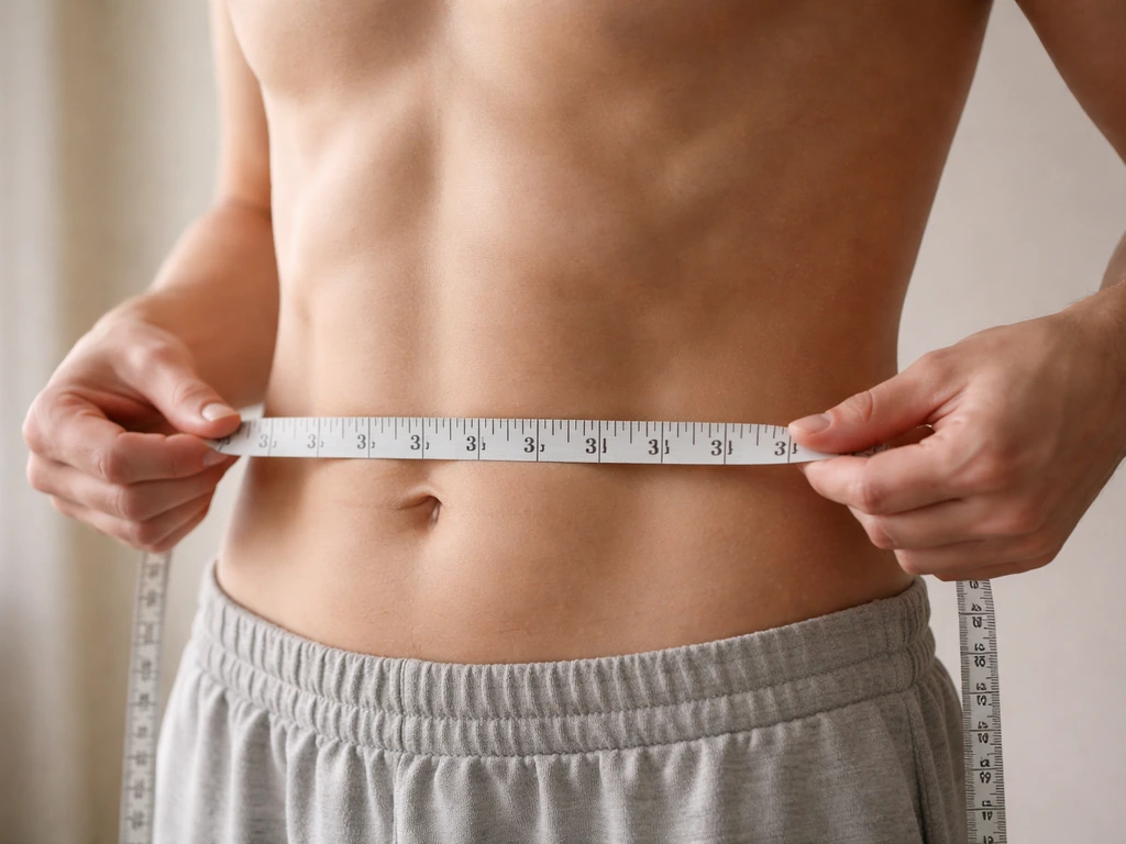 Close-up of measuring tape aligned at waist midpoint between ribs and hip bone on a person’s side view