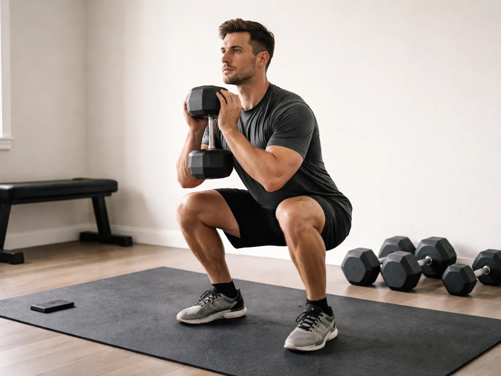 Person doing dumbbell goblet squats in a bright home gym, dumbbells visible, minimal setup