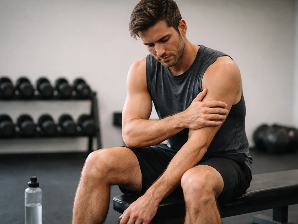 Person holding one sore arm while resting on a workout bench, with clean gym backdrop