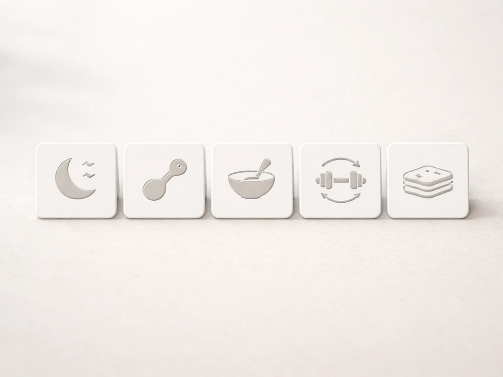 Minimal fitness recovery scene showing sleep, protein, calories, training frequency, and fatigue management icons as til