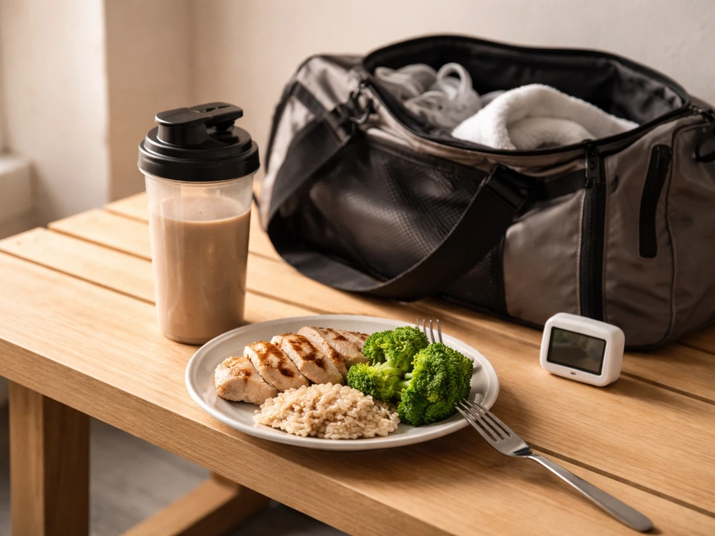 Post-workout setup: shaker bottle and meal on a bench, suggesting protein timing after training.