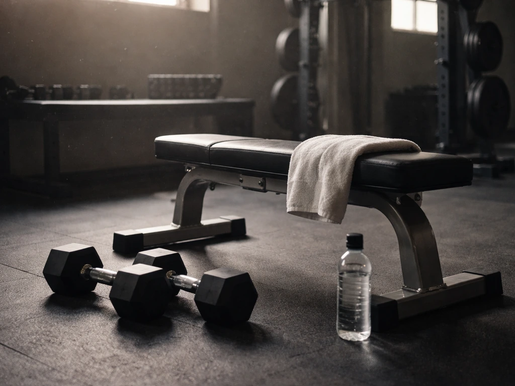 Weightlifting station during recovery with dumbbells, water bottle, and a towel in a quiet gym corner